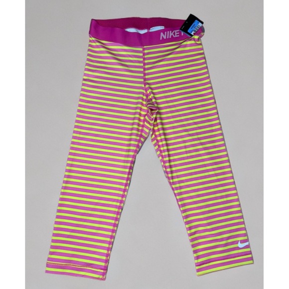 New Nike Pro Leggings Women's Cropped Medium Yellow Pink Stripes Dri Fit‎ - Picture 1 of 6